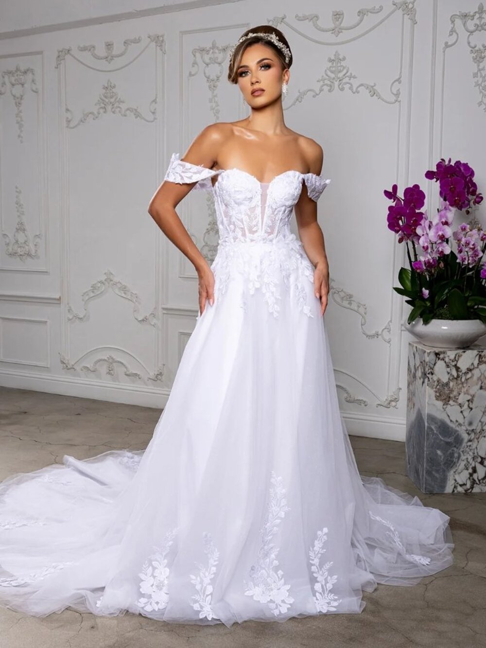 BRIDAL GOWN. OFF WHITE, OFF THE SHOULDER FLORAL LACE A LINE WEDDING DRESS